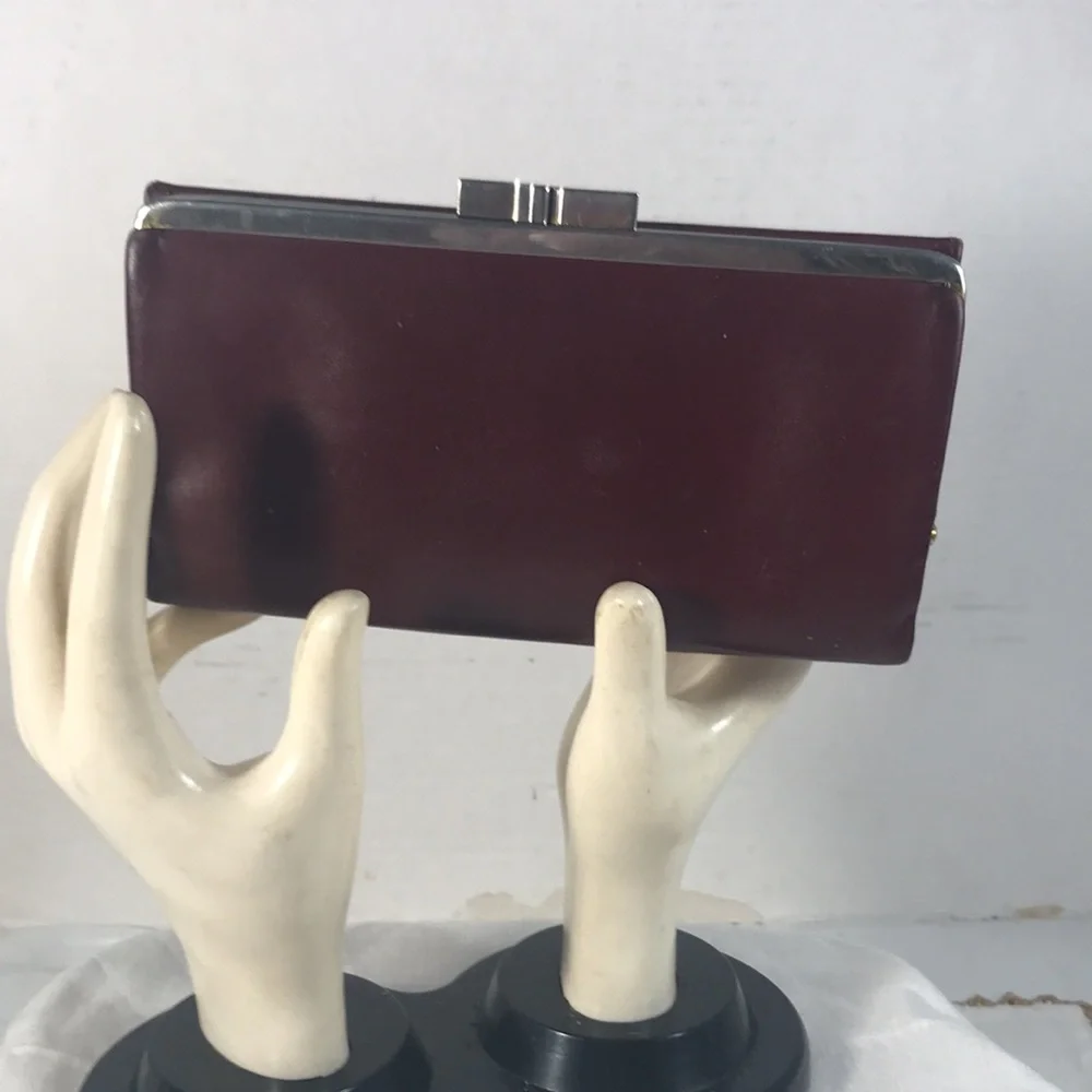 Christian Dior Vintage Burgundy Leather Trifold Kiss Lock Clutch Wallet